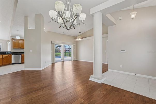 Chandelier, Empty room, Interior, Kitchen, Pendant Lights, Wood Texture Flooring