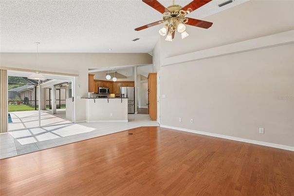 Empty room, Interior, Kitchen, Stainless Steel Appliances, Wood Texture Flooring