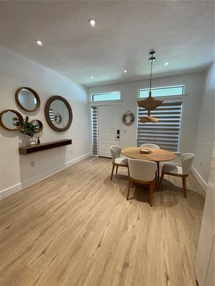 Dining room, Interior, Pendant Lights, Recessed Lighting, Wood Texture Flooring