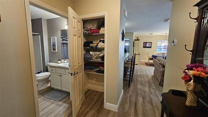 Bathroom, Interior, Pendant Lights, Wood Texture Flooring