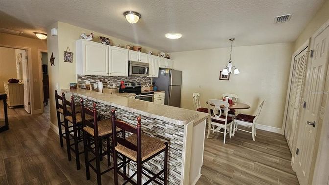 Dining room, Interior, Kitchen, Pendant Lights, Wood Texture Flooring