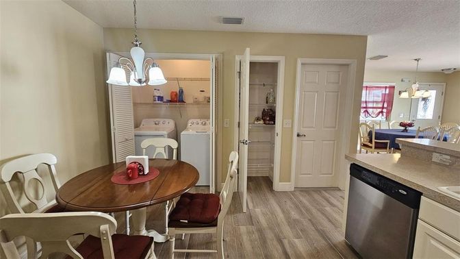 Dining room, Interior, Pendant Lights, Washer, Wood Texture Flooring