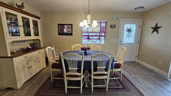 Dining room, Interior, Pendant Lights, Wood Texture Flooring