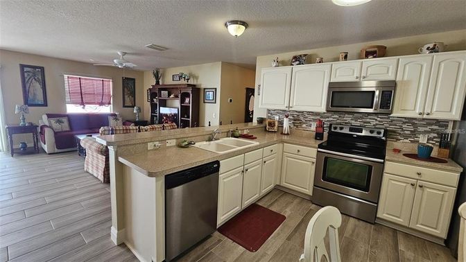 Interior, Kitchen, Living room, Stainless Steel Appliances, Wood Texture Flooring