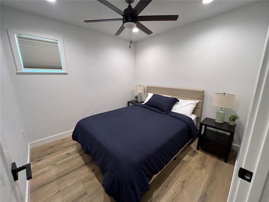 Bedroom, Interior, Recessed Lighting, Wood Texture Flooring