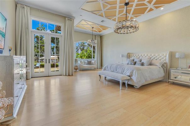 Bedroom, Chandelier, Interior, Pendant Lights, Recessed Lighting, Wood Texture Flooring