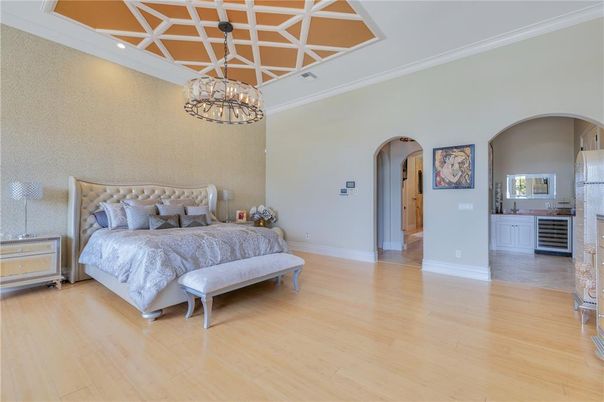 Bedroom, Chandelier, Interior, Recessed Lighting, Wood Texture Flooring
