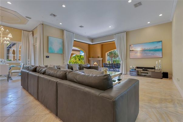 Dining room, Fireplace, Interior, Living room, Pendant Lights, Recessed Lighting