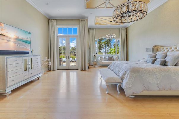 Bedroom, Chandelier, Interior, Recessed Lighting, Wood Texture Flooring