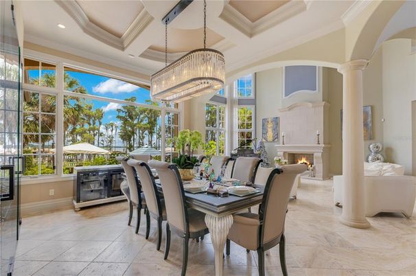 Chandelier, Dining room, Fireplace, Interior, Recessed Lighting