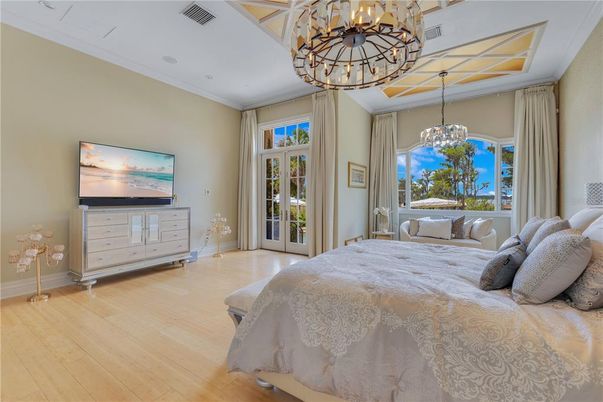 Bedroom, Chandelier, Interior, Wood Texture Flooring