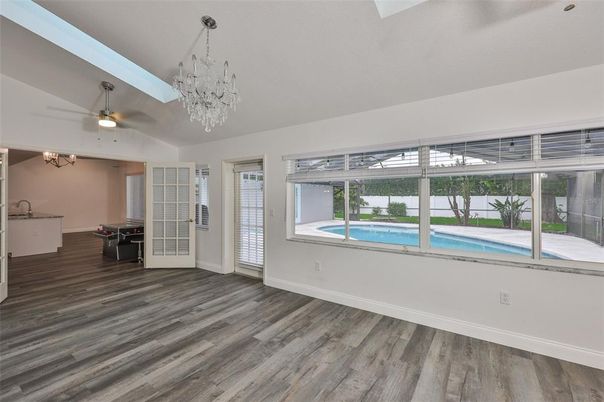Chandelier, Empty room, Interior, Wood Texture Flooring