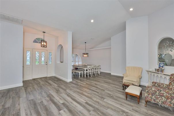 Dining room, Interior, Pendant Lights, Recessed Lighting, Wood Texture Flooring