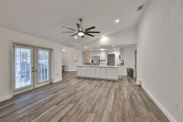 Empty room, Interior, Kitchen, Pendant Lights, Recessed Lighting, Wood Texture Flooring