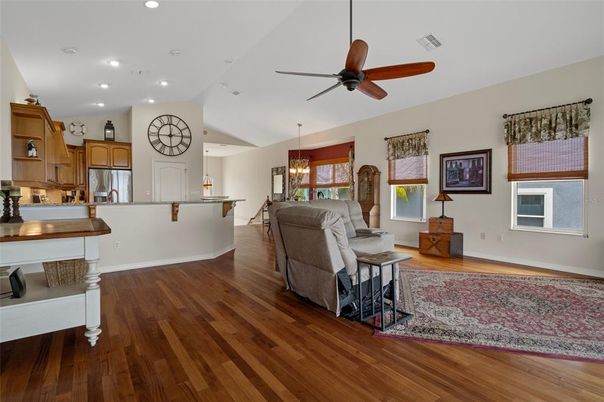 Chandelier, Dining room, Interior, Kitchen, Living room, Pendant Lights, Recessed Lighting, Wood Texture Flooring