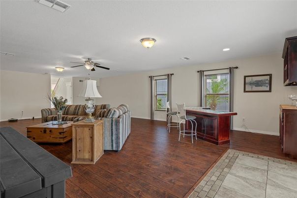Dining room, Interior, Living room, Recessed Lighting, Wood Texture Flooring