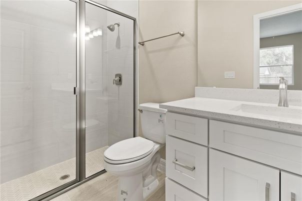 Bathroom, Glass Shower, Interior, Wood Texture Flooring