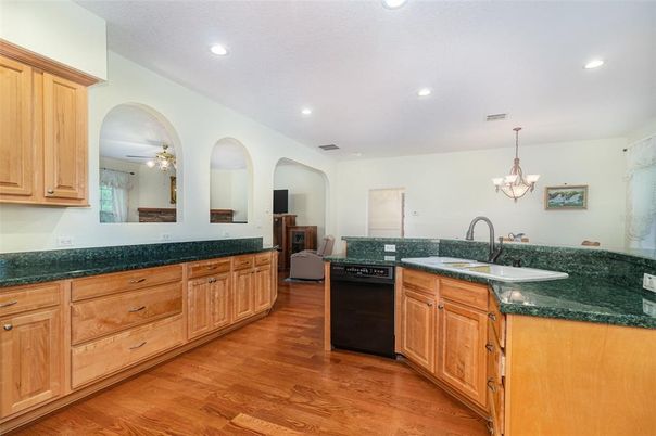 Chandelier, Interior, Kitchen, Recessed Lighting, Wood Texture Flooring