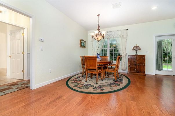 Chandelier, Dining room, Interior, Recessed Lighting, Wood Texture Flooring