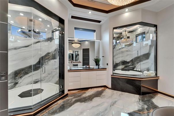 Bathroom, Chandelier, Glass Shower, Interior, Marble, Marble Walls, Recessed Lighting