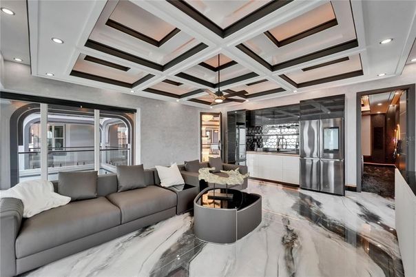 Dining room, Interior, Kitchen, Living room, Marble, Recessed Lighting, Stainless Steel Appliances