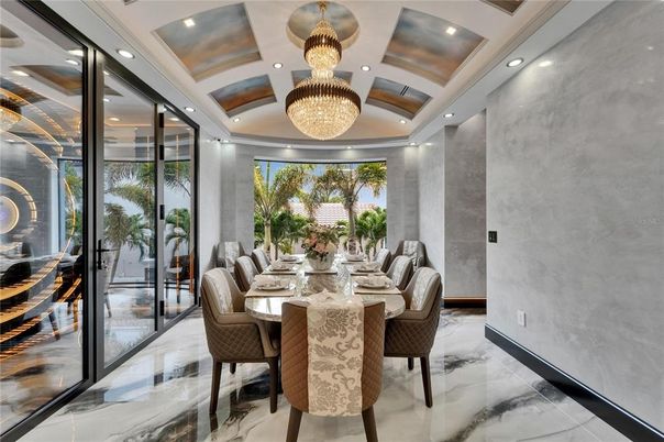 Chandelier, Dining room, Interior, Marble, Recessed Lighting