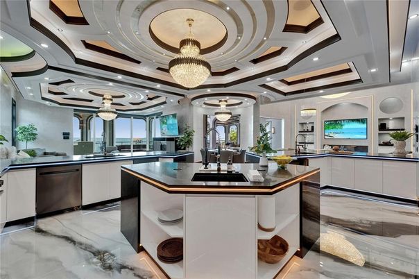 Chandelier, Interior, Kitchen, Recessed Lighting, Stainless Steel Appliances