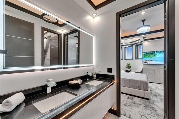 Bathroom, Bedroom, Dual Sink Vanities, Interior, Marble, Recessed Lighting, Water