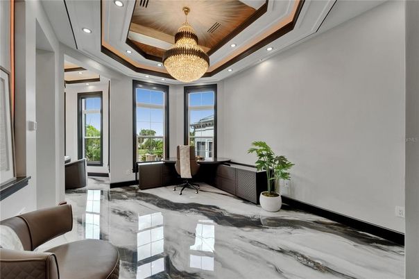 Chandelier, Interior, Marble, Recessed Lighting, Wooden Ceilings