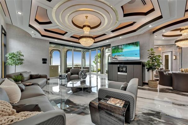 Chandelier, Interior, Living room, Marble, Recessed Lighting