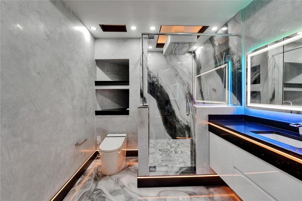 Bathroom, Interior, Marble, Marble Walls, Recessed Lighting