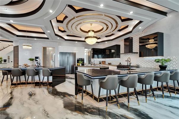 Interior, Kitchen, Marble, Pendant Lights, Recessed Lighting, Stainless Steel Appliances