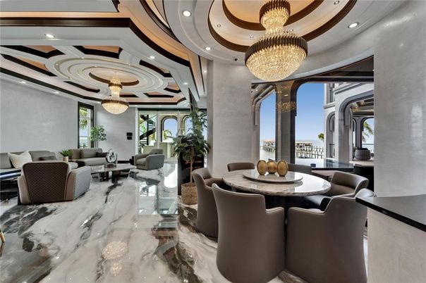 Chandelier, Dining room, Interior, Living room, Marble, Recessed Lighting