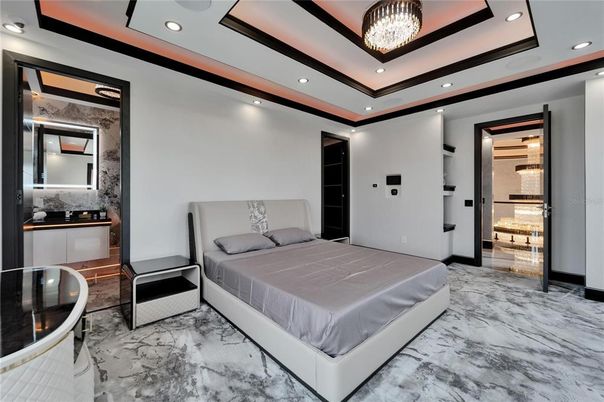 Bedroom, Chandelier, Interior, Marble, Recessed Lighting
