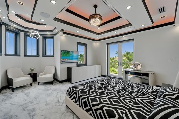 Bedroom, Chandelier, Interior, Marble, Recessed Lighting