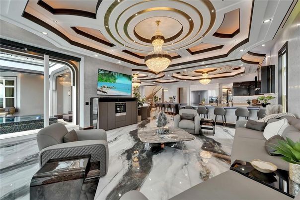 Chandelier, Interior, Living room, Marble, Recessed Lighting
