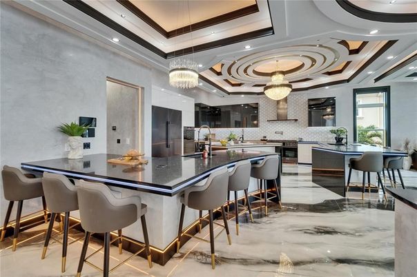 Chandelier, Interior, Kitchen, Marble, Pendant Lights, Recessed Lighting, Stainless Steel Appliances