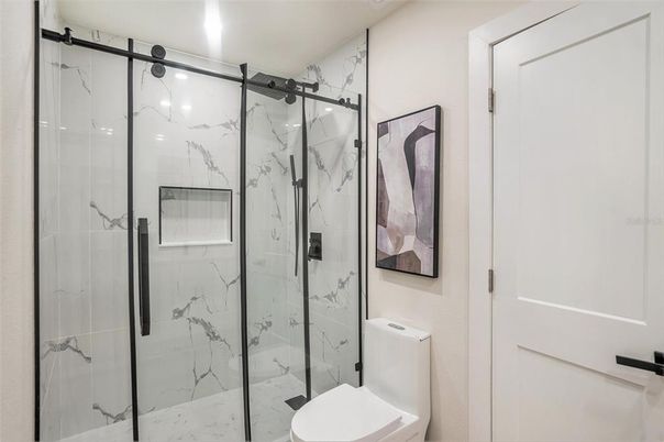 Bathroom, Glass Shower, Interior, Marble Walls, Recessed Lighting