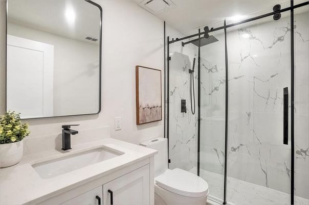 Bathroom, Glass Shower, Interior, Marble Walls, Recessed Lighting
