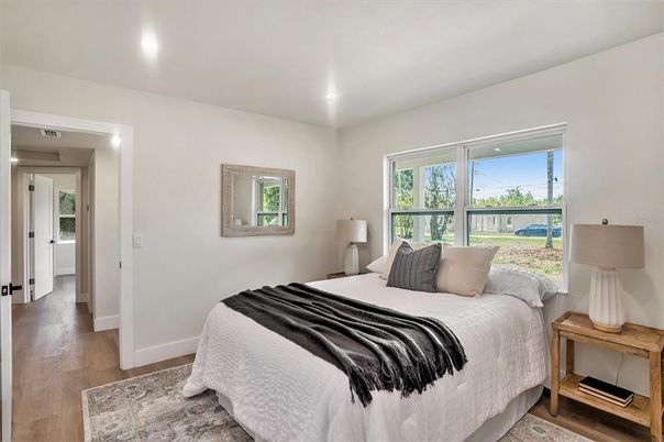 Bedroom, Interior, Recessed Lighting, Wood Texture Flooring
