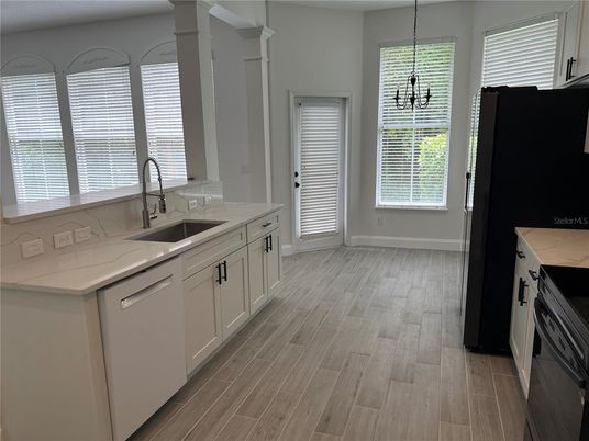 Interior, Kitchen, Pendant Lights, Wood Texture Flooring