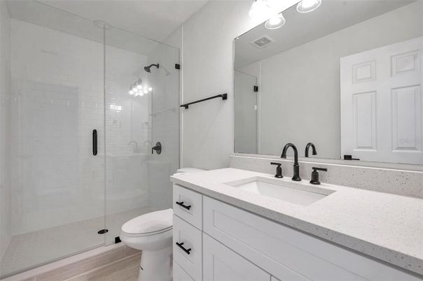 Bathroom, Glass Shower, Interior, Recessed Lighting, Wood Texture Flooring