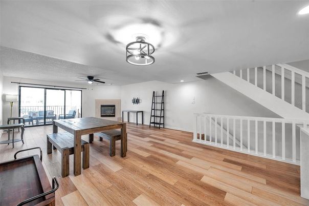 Dining room, Interior, Recessed Lighting, Wood Texture Flooring