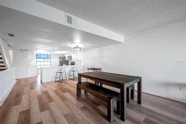 Dining room, Interior, Kitchen, Recessed Lighting, Wood Texture Flooring