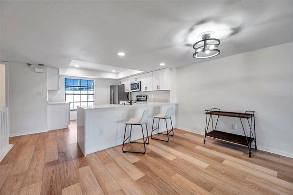 Interior, Kitchen, Recessed Lighting, Stainless Steel Appliances, Wood Texture Flooring
