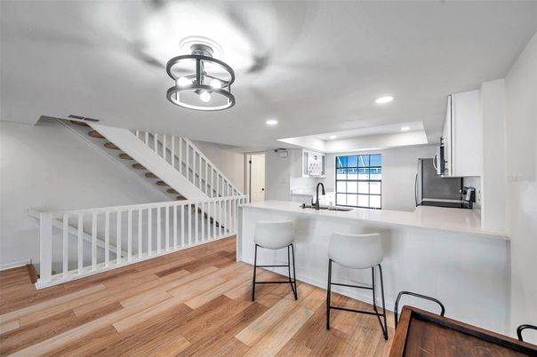 Interior, Kitchen, Recessed Lighting, Wood Texture Flooring