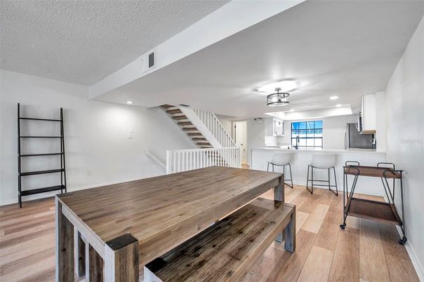 Dining room, Interior, Recessed Lighting, Wood Texture Flooring