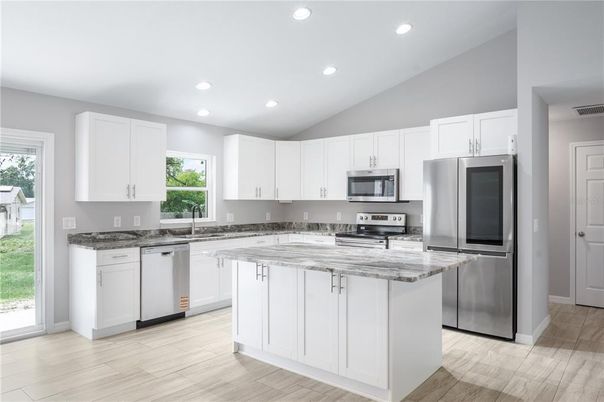 Interior, Kitchen, Recessed Lighting, Stainless Steel Appliances, Wood Texture Flooring