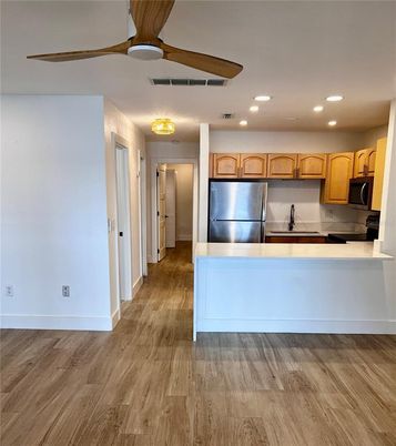 Interior, Kitchen, Recessed Lighting, Wood Texture Flooring