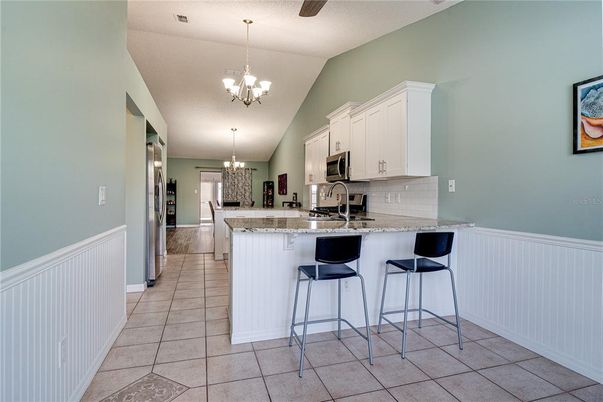 Chandelier, Interior, Kitchen, Pendant Lights, Stainless Steel Appliances